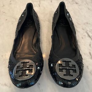 Tory Burch  Reva Black and Silver  Sequin Ballet Flats Size 9